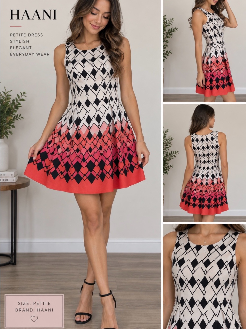 Nicely used:Stylish Woman, Brand: HAANI, petite Dress with Black and Red Pattern